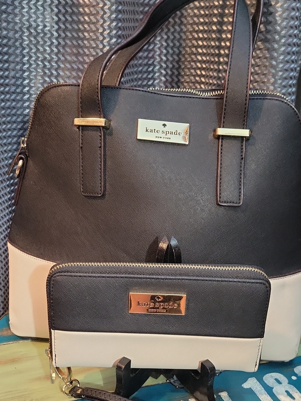 kate spade Black and Cream Saffiano Dome Tote with Matching Zip Wallet